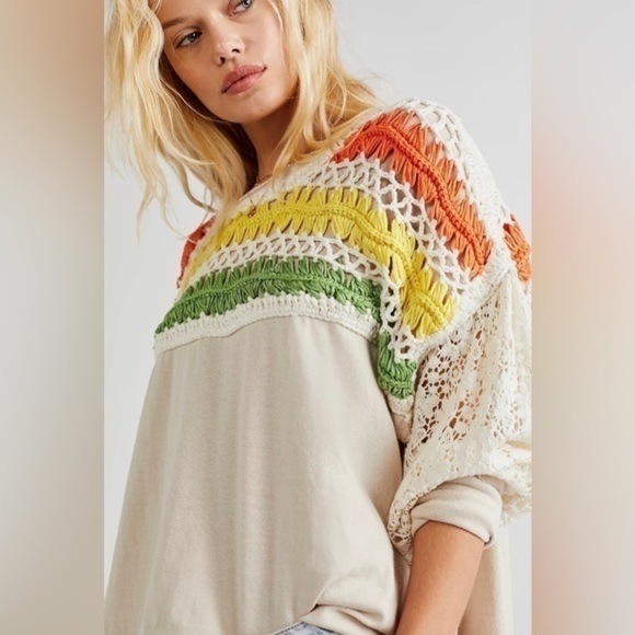 FREE People ‘High Hopes Tee’ Crochet Pullover Crew Neck Sweater XS - Picture 1 of 6